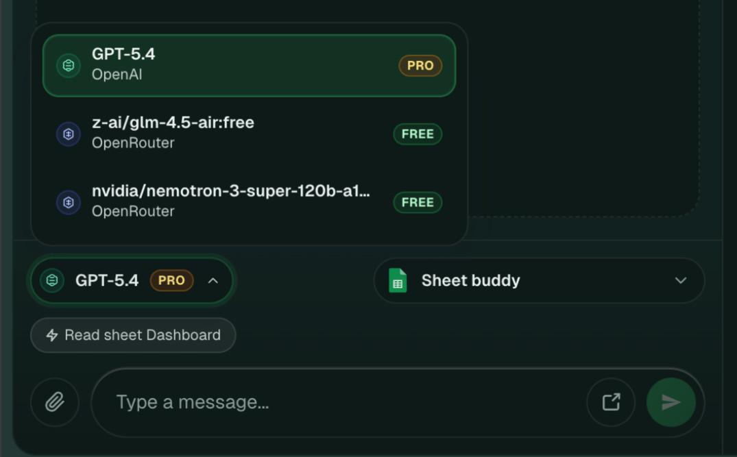 Sheet Robot model selector showing free and premium model options