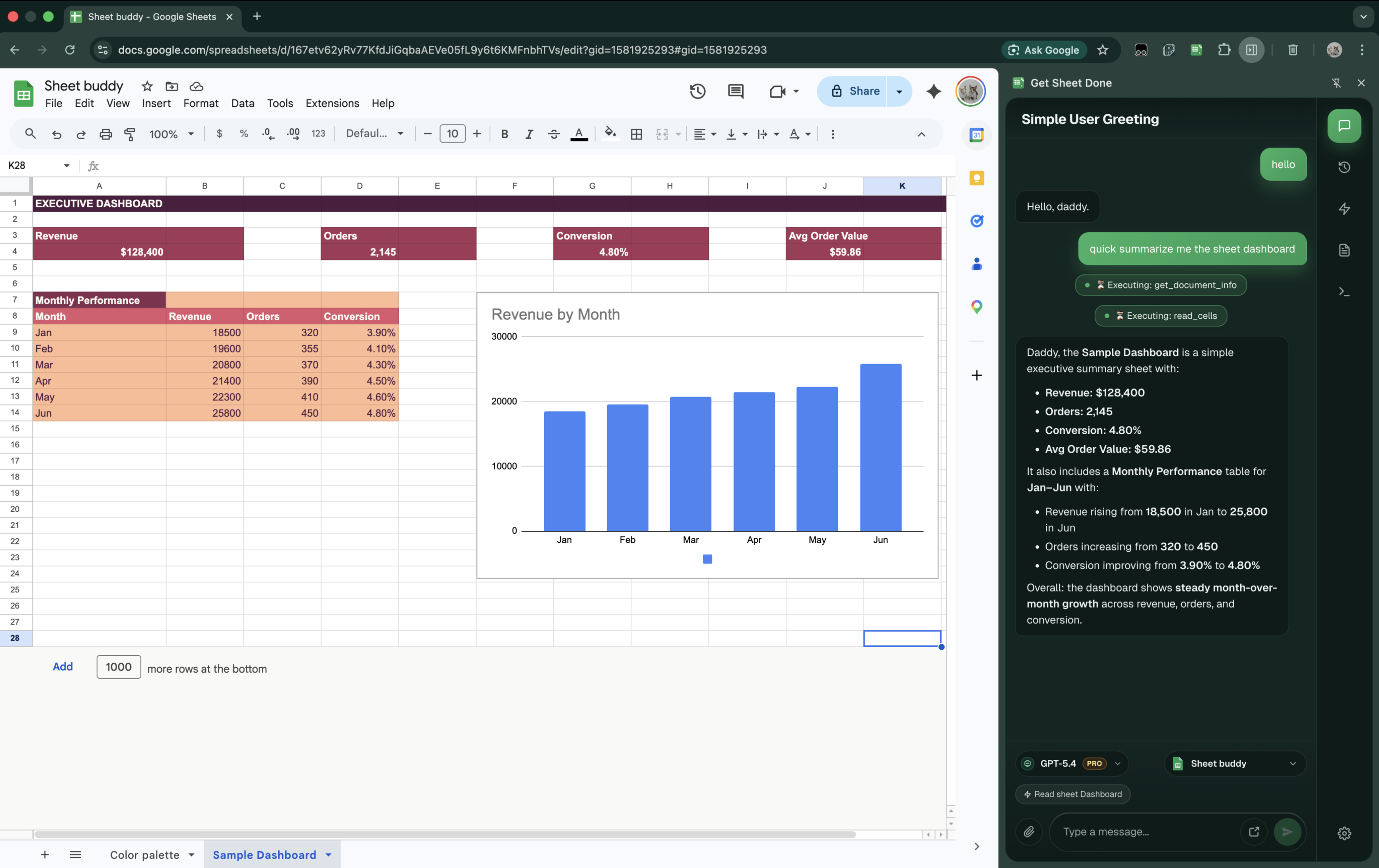 Sheet Robot full application interface showing the AI side panel for Google Sheets