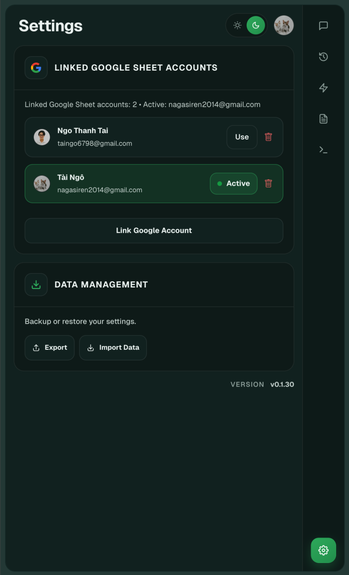 Sheet Robot settings page for managing multiple linked Google accounts