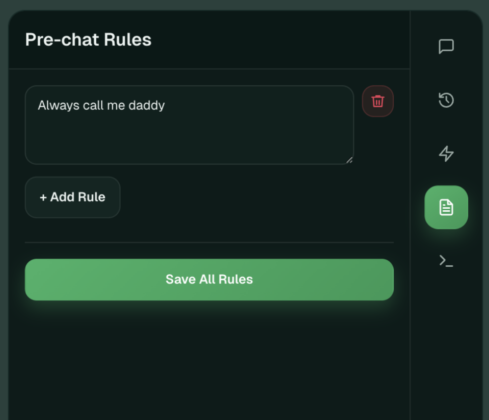 Sheet Robot personal rules interface for defining pre-chat behavior