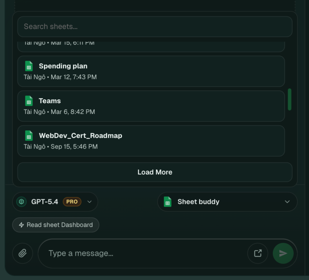 Sheet Robot sheet selection interface for choosing the active spreadsheet
