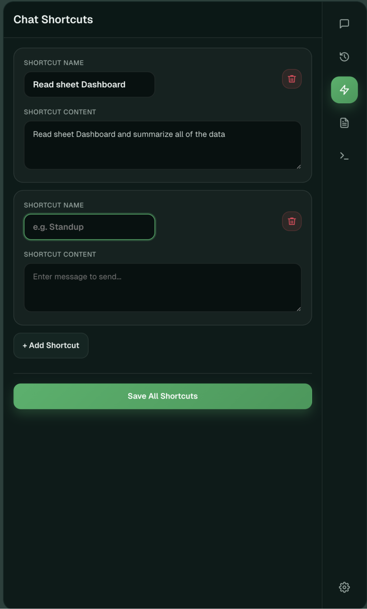 Sheet Robot shortcut editor interface for saving reusable prompts
