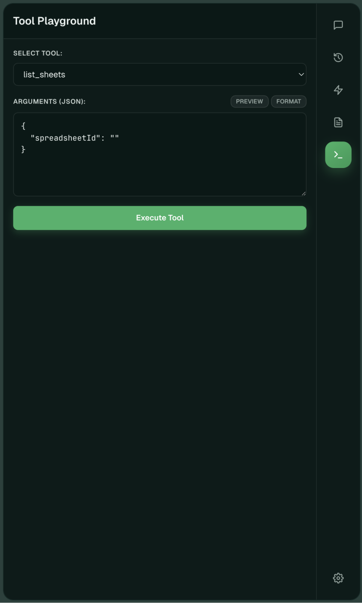 Sheet Robot tools playground for selecting a tool and executing JSON arguments